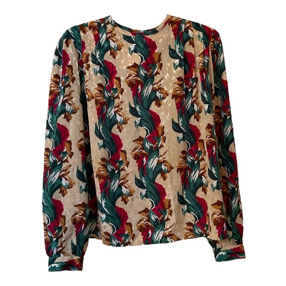 NICOLA Floral Print Blouse Pullover Long Sleeves Silky Beige Green Red, Size 10 - Picture 2 of 11